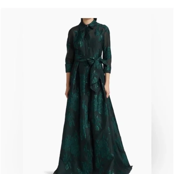 teri jon jacquard shirtdress gown with floral print in emerald - Picture 2 of 5